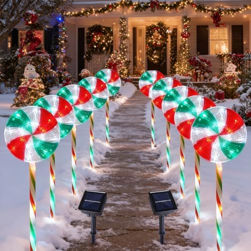 BRIGHTDECK Lollipop Solar Christmas Pathway Lights Outdoor, LED Christmas Decor with 8 Lighting Modes, Light Up Solar Stake Lights for Holiday, Xmas (Red Green White, 10Pack) by BRIGHTDECK
