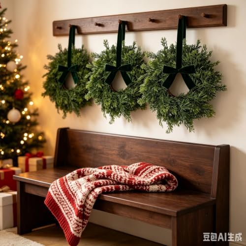 4 PCS Mini Real Touch Christmas Wreaths for Kitchen Cabinets Artificial Norfolk Lifelike Cedar Wreaths with Bow for Christmas Window Door Fireplace Chairs Wall Staircase Indoor Outdoor Home Decor - Image 5