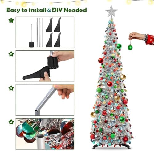 N&T NIETING Pop Up Silver Mix Tinsel Christmas Tree with Lights & 30 Balls, 5Ft Collapsible Skinny Christmas Tree for Holiday Xmas Home Office Decor - Image 4