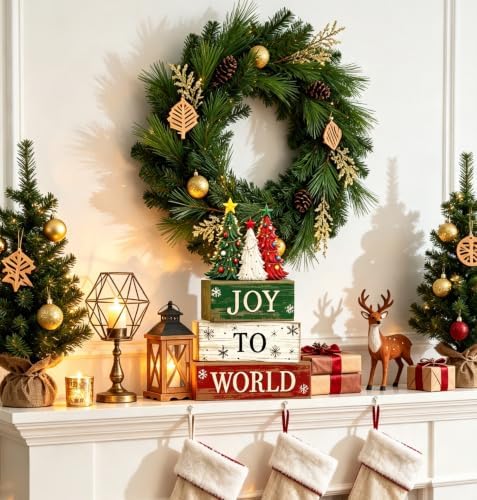 4 Pcs Christmas Tiered Tray Decor, Rustic Distressed Wooden Stacked Block Signs, 3‑Color Christmas Tree 3D Topper Xmas Table Centerpiece, Farmhouse Winter Holiday Mantel Kitchen Shelf Decor - Image 4