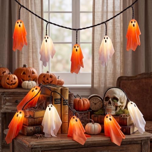 8.5FT 10 LED Halloween Orange and White Fabric Ghost String Lights Outdoor by Goothy