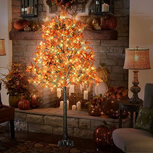 6FT 130 LED Lighted Maple Tree - Thanksgiving Decor Artificial Fall Tree with 13 Branches, 13 Acorns 260 Leaves, Remote 8 Flashing Modes, Timing, DC 5V Safe for Outdoor Wedding Party Autumn Decor - Image 6