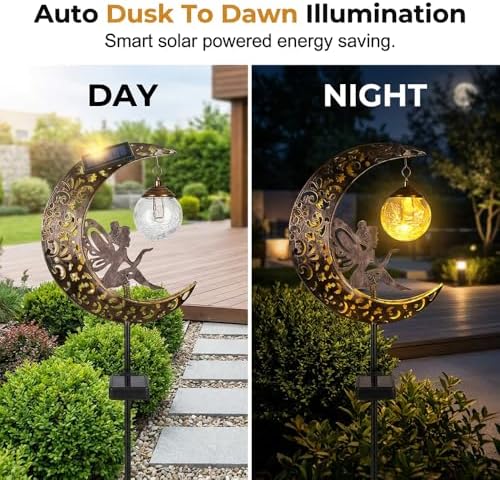 Hummingbird Moon Solar Garden Stake Light,Solar Garden Lights Outdoor Decor,Crackle Glass Fairy Lights,Solar Lights for Garden,Metal Stake Ornament for Patio Lawn Pathway Decor (Hand-held) - Image 7