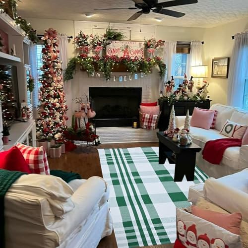 Christmas Plaid Outdoor Rug, 4' x 6' Green&White Checkered Indoor/Outdoor Area Rug, Layering Rug for Hello/Welcome Door Mat, Machine Washable Cotton Woven Rug for Farmhouse Front Porch, Entryway - Image 3