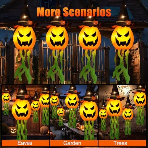 Cuorung Halloween Decorations Outdoor Decor Hanging Lighted Glowing Pumpkin Witch Hat with 3 Modes Lighted Up Scary Orange Halloween Decorations for Indoor Outside Party Yard Tree Garden (4Pcs) - Image 6