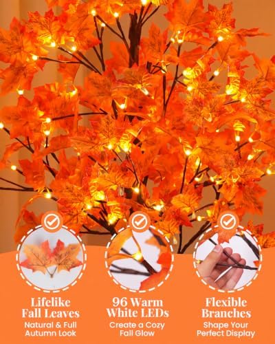 2 Pack 5FT Artificial Lighted Maple Tree with 96 LED & 192 Ultra-Dense Maple Leaves - Fall Decorations Maple Tree with Timer & Warm White Light for Thanksgiving Autumn Decor Indoor Outdoor - Image 4