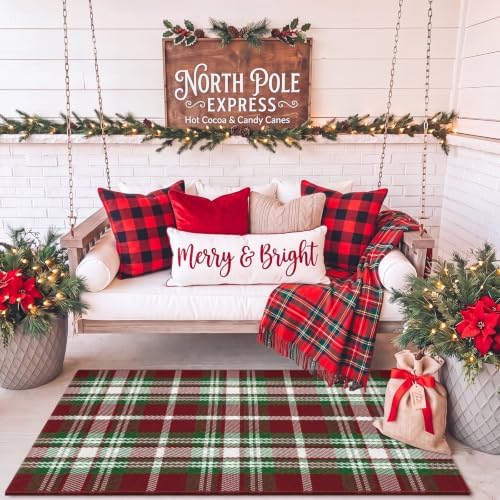 Moucuny 2'4'' X 3'7'' Red Green White Brown Christmas Plaid Outdoor Rug - Image 5
