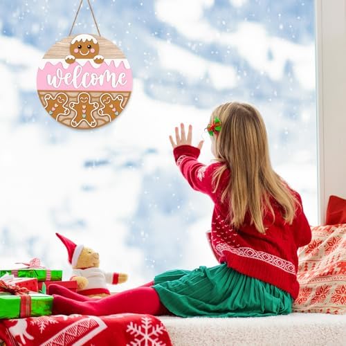JarThenaAMCS Winter Welcome Door Sign Pink Brown snow Gingerbread Man Wooden Front Door Hanging Sign 3D Round Outdoor Hanger for Party Home Wall Porch Decorations, 12 Inch - Image 5
