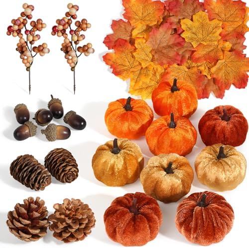 Artmag 51 PCS Artificial Fabric Pumpkins, Fall Harvest Decorations with Acorns, Pinecones, Berries, Maple Leaves for Fall Thansgiving Halloween Decoration by Artmag