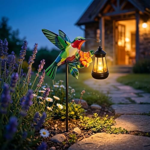 Hummingbird Solar Stake Lights Outdoor Waterproof, 4 Pack Metal Garden Statues with Hanging Lanterns, Path Light Yard Art Decor, Birthday Gifts for Women Mom, Patio Backyard Lawn Ornaments - Image 7