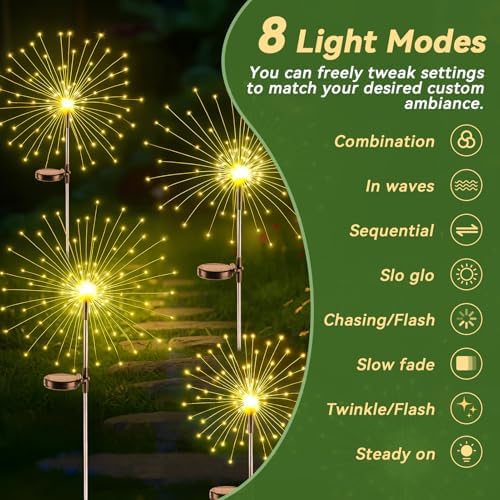 Dream Master Solar Garden Lights, 4 Pack 120 LEDs Solar Lights Outdoor Waterproof, 8 Modes Fireworks Light, Valentines Day Decorations for Yard, Pathway, Walkway, Pool, Warm White - Image 4