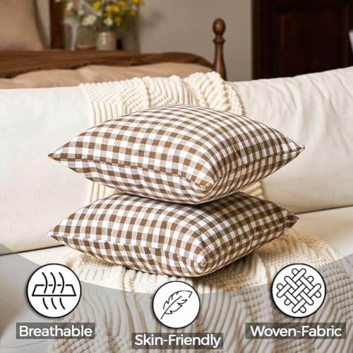 Farmhouse Brown Gingham Plaid Large Square Pillow Covers 22x22 Set of 2 - Image 2