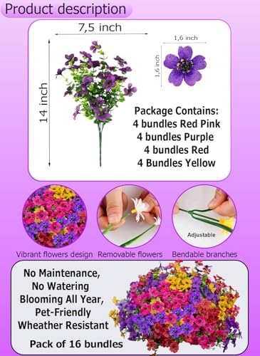 AXYLEX Artificial Flowers for Outdoors, 16 Bundles Fake Plants 4 Colors - Image 3
