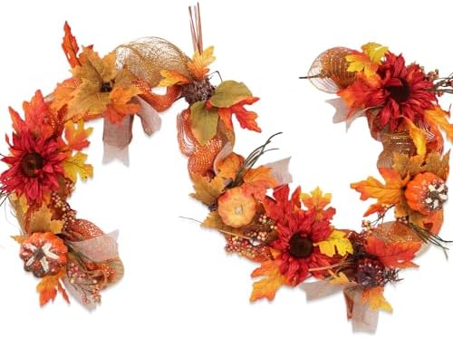 6ft Thick Fall Maple Leaves Garland with Sunflower & Pumpkin by Montekin