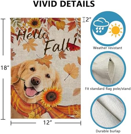 Hello Fall Golden Retriever Dog Garden Flag 12x18 Inch Double Sided for Outside Autumn Seasonal Holiday Yard Outdoor Decoration Flag - Image 3