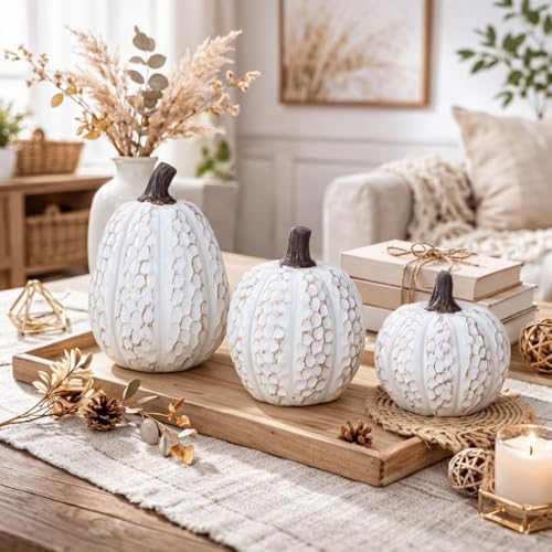 Pumpkin Fall Decor Indoor Fall Pumpkin Decorations 3Pcs Pumpkins Decor Thanksgiving Table Centerpiece Artificial Pumpkins Figurines for Autumn Harvest Home Decor Shelf Accent Decorating (Wood Grain) - Image 5