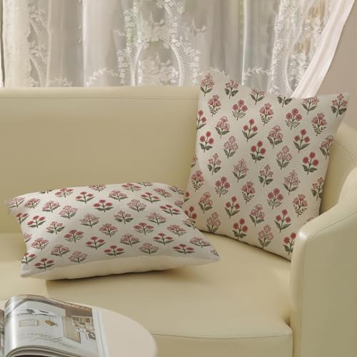 Preppy Pink Green Pillow Covers 18x18 Inch 2 Pcs Block Print Vintage Floral Decor Throw Pillows Boho Flower Spring Summer Outdoor Seasonal Decoration Pillowcase Linen Cushion Cover for Couch - Image 4