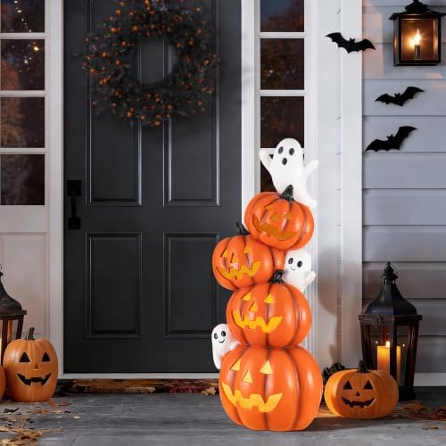 Glitzhome 33.25"H Halloween Lighted Stacked Jack-O-Lantern Porch Decor,MGO Pumpkin Ghost Statue with Timer,Scary Halloween Decoration for Indoor Outdoor Front Door Party Yard by Glitzhome