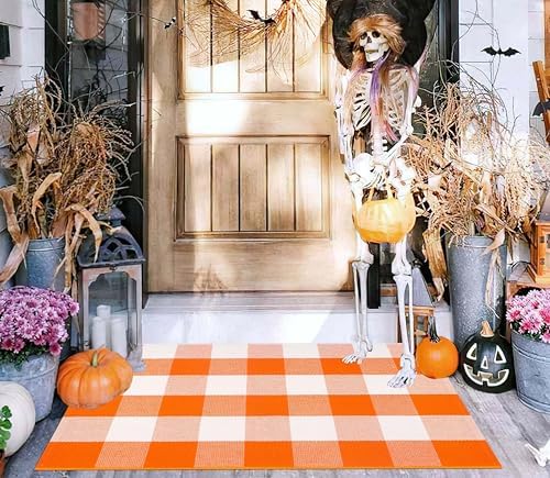 Buffalo Plaid Layered Doormat 24"x35"Orange and White Fall Front Door Mat by Unknown