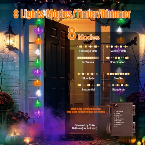 LAMPHOME Halloween String Lights, 20 LED Pumpkin Ghost Bat Spider Decor Lights, Battery Operated with Timer, 8 Modes Waterproof Fairy Lights for Indoor Outdoor Halloween Party Home Decor - Image 6