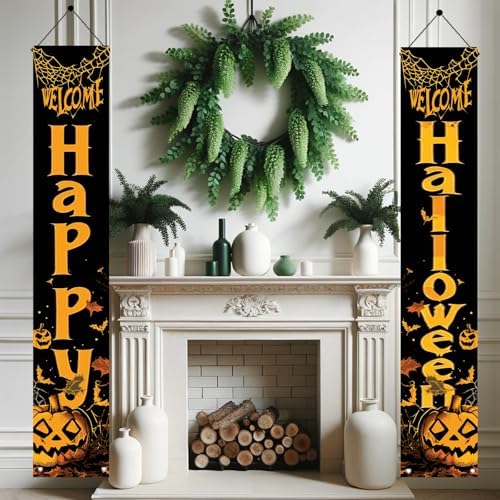 2PCS Happy Halloween Porch Banners 71 x 12 Inch Vertical Welcome Door Signs with Pumpkins and Bats Halloween Party Decorations for Front Door Outdoor Yard Entryway Spooky Wall Hanging Decor - Image 7