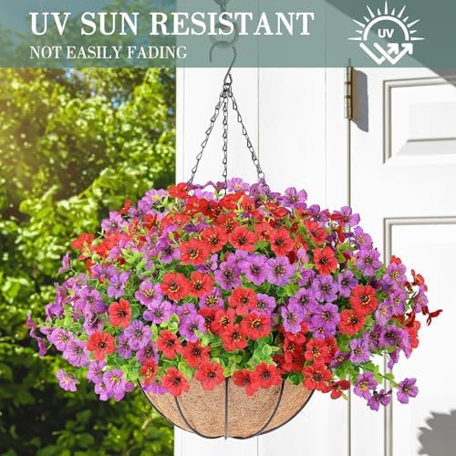 AGIRL Artificial Hanging Flowers with Baskets for Outdoors(Red Purple) - Image 4