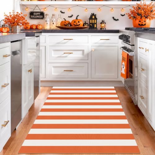 IOHOUZE Fall Striped Outdoor Rug 4x6, Washable Porch, Orange White - Image 2