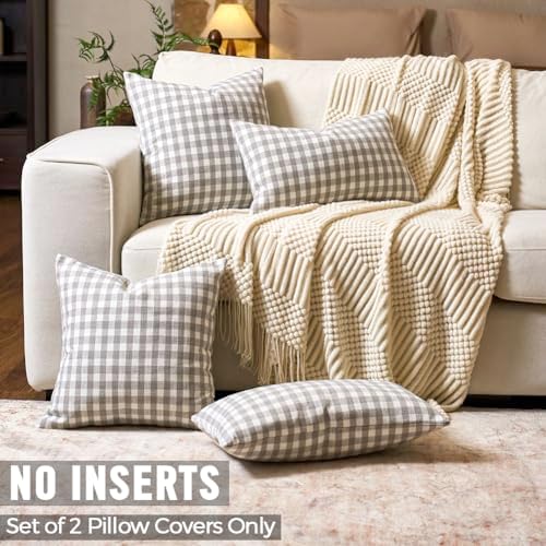 Farmhouse Light Grey Throw Pillows Gray Gingham Plaid Pillow Covers 20x20 - Image 3