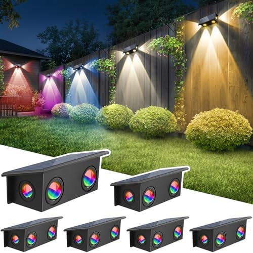 T-SUN Solar Fence Lights, 7 Fixed Colors & Warm White Fence Lights, 6 Pack by T-SUN