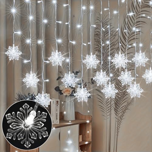 Christmas White Icicle Lights with Snowflake, 150 LED Curtain Lights with 8 Lighting Modes, Plug in Twinkle Lights for Home Christmas Wedding Party Decoration - Image 5