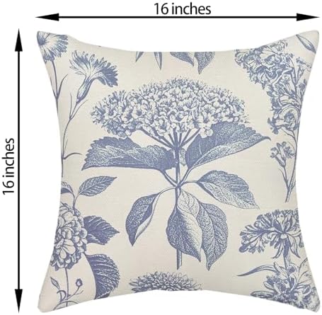Vintage Blue Pillow Covers 16x16 Inch 2 Pcs Boho Floral Decor Throw Pillows Hydrangea Flower Seasonal Outdoor Farmhouse Neutral Accent Decoration Pillowcase Linen Cushion Cover for Couch - Image 6