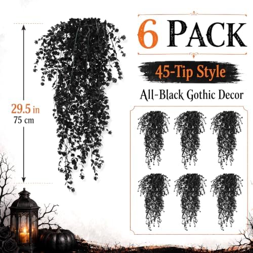 6 Pcs Halloween Artificial Hanging Flowers Outdoor, Black - Image 2