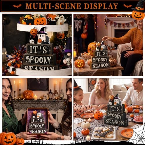 Moucuny 4 Pcs Halloween Table Decor Pumpkin Ghost Wood Stacked Block Decor - Image 5