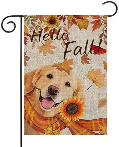 Hello Fall Golden Retriever Dog Garden Flag 12x18 Inch Double Sided for Outside Autumn Seasonal Holiday Yard Outdoor Decoration Flag by Whongkidz