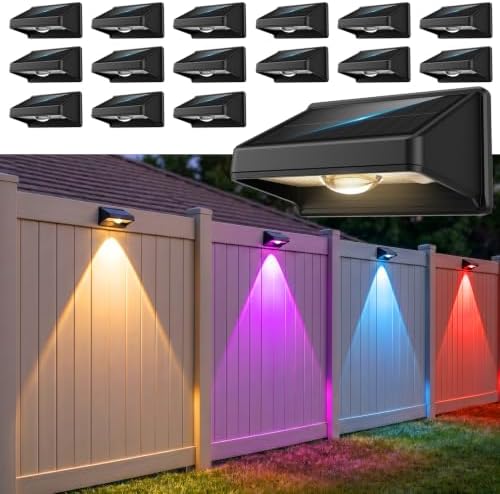 Solar Fence Lights Outdoor,White & RGB 8 Colors 16Pack Fence Lights Solar Powered Ultra-Bright LED Lens IP65 Waterproof Solar Patio Lights for Outside,Deck/Flood/Backyard/Yard /Step/Railings/Wall by Gbeast
