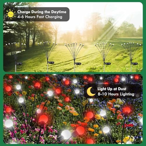 OZS 6Pack Total 48LED Solar Garden Lights Christmas Fairy Outdoor - Solar Firefly Lights Fairy Outdoor, Sway by Wind, Waterproof for Pathway Patio Yard Christmas Decorations(Red&White) - Image 6