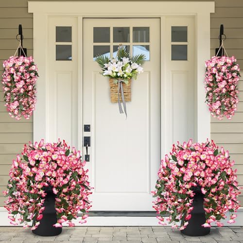 Sggvecsy Artificial Fake Hanging Flowers Plants for Outdoor Outside Spring Summer Decoration 4PCS Faux Silk UV Resistant Realistic Morning Glory Trailing Vines for Home Porch Patio Balcony(Pink) - Image 3