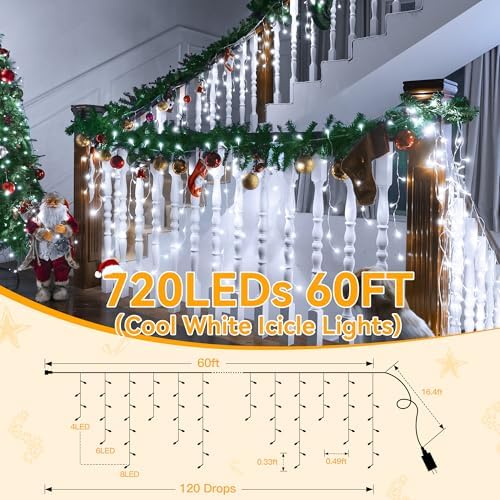 Ollny Icicle Lights for Outside 720LED 60FT, Cool White Christmas Lights with Remote 8 Modes Dimmable, Waterproof Connectable Timer Hanging Light for House Outdoor Yard Indoor Decorations - Image 2