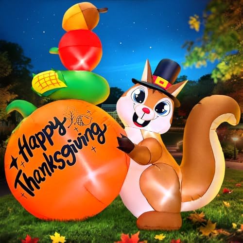 5FT Thanksgiving Inflatables Outdoor Decoration Inflatable Squirrel Pumpkin, Built in LED Lights Blow Up Yard Decorations for Fall Holiday Party Garden Lawn Décor by KOOY