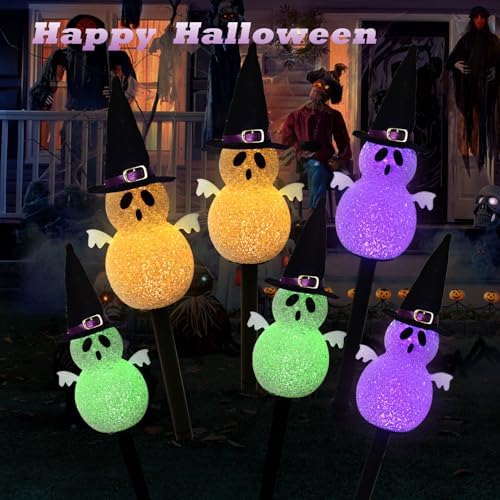 BRIGHTDECK Halloween Solar Pathway Lights Outdoor, LED Decor, Light Up Solar Stake Lights for Holiday, Halloween, Walkway, Sidewalk (Multicolor Hat Ghost, 6-Pack) - Image 4