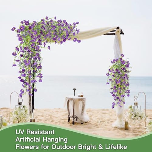 Artificial Flowers for Outdoors Fake Morning Glory Hanging Flower Decoration, 2 Pcs Realistic Faux Plants Petunias Trailing Vines, Spring Summer Decor for Porch Patio Balcony Planter Yard(Purple) - Image 5