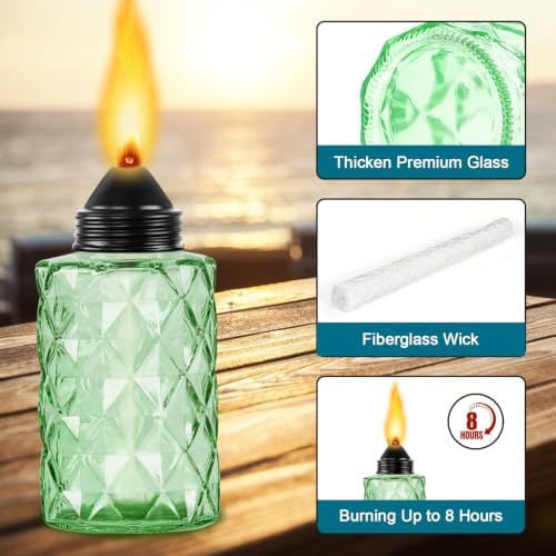 Glass Table Top Torch, Outdoor Torch Canisters 12 oz,Refill Canister with Wicks and Covers, Patio Metal Torch for Luau Party, DIY Garden Decor (4 Packs) (Green) - Image 3