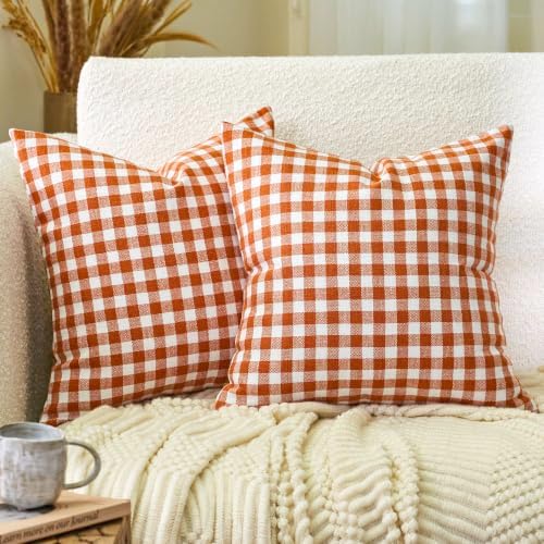 Fall Orange Plaid Gingham Checkered Porch Pillow Covers 16x16 Set of 2 by CARRIE+HOME
