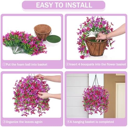 INXUGAO Artificial Hanging Flowers Plants with Basket for Outdoors, Realistic Faux Silk Daisy Flower Eucalyptus for Spring Decor, UV Resistant Fake Plants for Porch Patio Yard Balcony, Purple Violet - Image 2