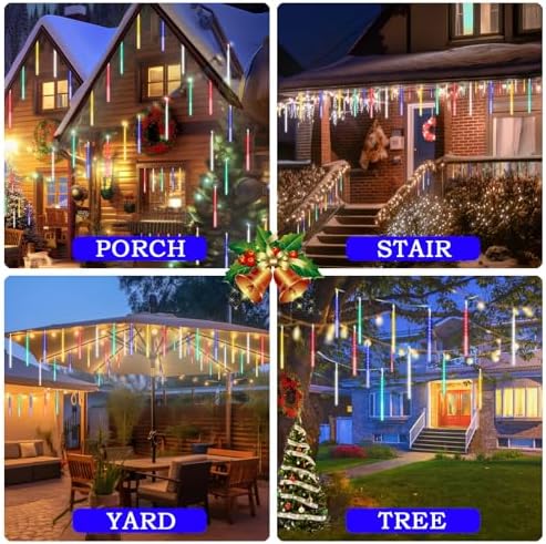 Meteor Shower Lights, 12 Inch 10 Tube 360 LED Multicolor Raindrop Lights for Outdoor Xmas Patio Garden Roof Eaves Decoration (Can Connect 100 Sets) - Image 2