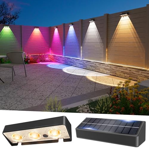 JOFIOS Solar Fence Lights 2 Pack, Warm White, Cool White and RGB Color Glow LED Solar Light, IP65 Waterproof Fence Lights Solar Powered for Patio, Deck and Wall by JOFIOS
