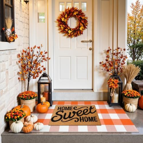 Uphome Bufflo Plaid Outdoor Rug 2'x4.3', Fall Decor Checkered Front Door Mat, Indoor Outdoor Farmhouse Porch Rug for Layered Door Mats, Washable Halloween White/Orange Runner for Patio Entryway - Image 6