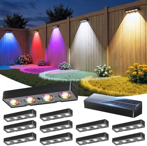 JOFIOS Fence Lights Solar Powered 12 Pack, Warm White, Cool White and RGB Color Glow LED Solar Lights Outdoor, IP65 Waterproof Solar Fence Lights for Patio, Backyard, Railing, Deck and Wall by JOFIOS
