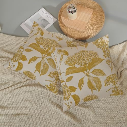 Mustard Yellow Pillow Covers 18x18 Inch 2 Pcs Boho Vintage Floral Decor Throw Pillows Hydrangea Flower Summer Outdoor Farmhouse Neutral Accent Decoration Pillowcase Linen Cushion Cover for Sofa - Image 5