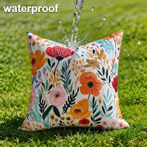 Spring Pillow Covers 18x18 Outdoor Pillow Covers Farmhouse Wildfloral Set of 2 Multicolor Orange and Pink Flowers Leaves Beauty Floral Blossom Garden Cushion Case Spring Decorations for Home Garden - Image 2